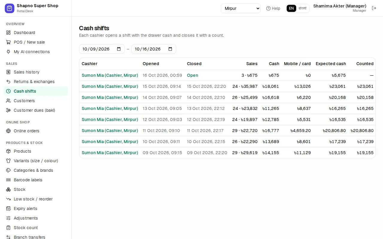 Cash shifts
